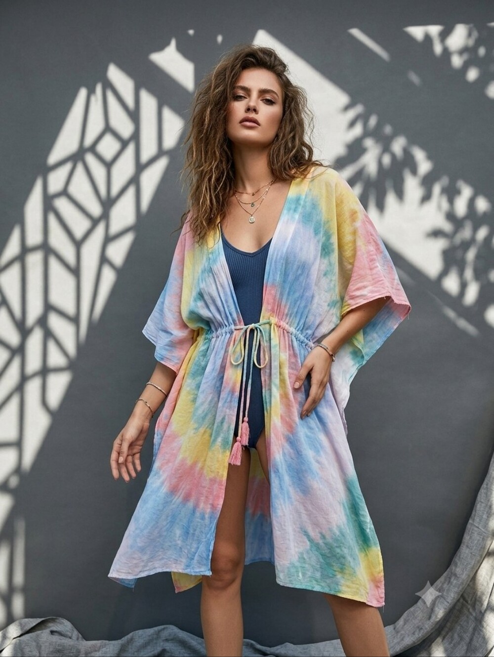 Simply Southern Pastel Tie Dye Kimono Swim Beach CoverUp Tassel L XL Boho Resort